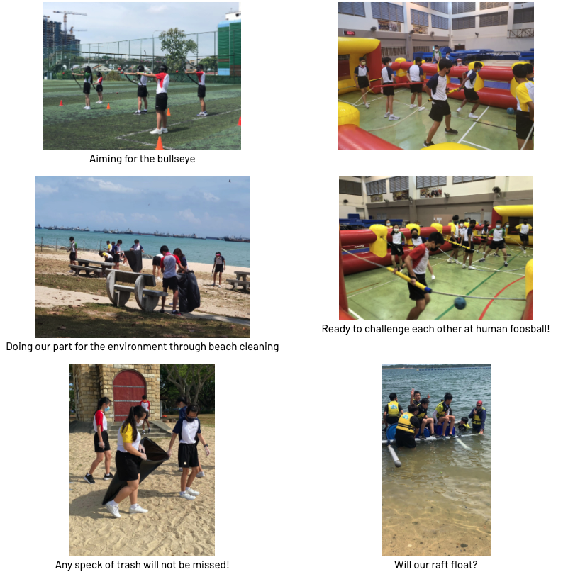 Six photos show students doing archery, human foosball, beach cleaning, and raft building activities outdoors and indoors.